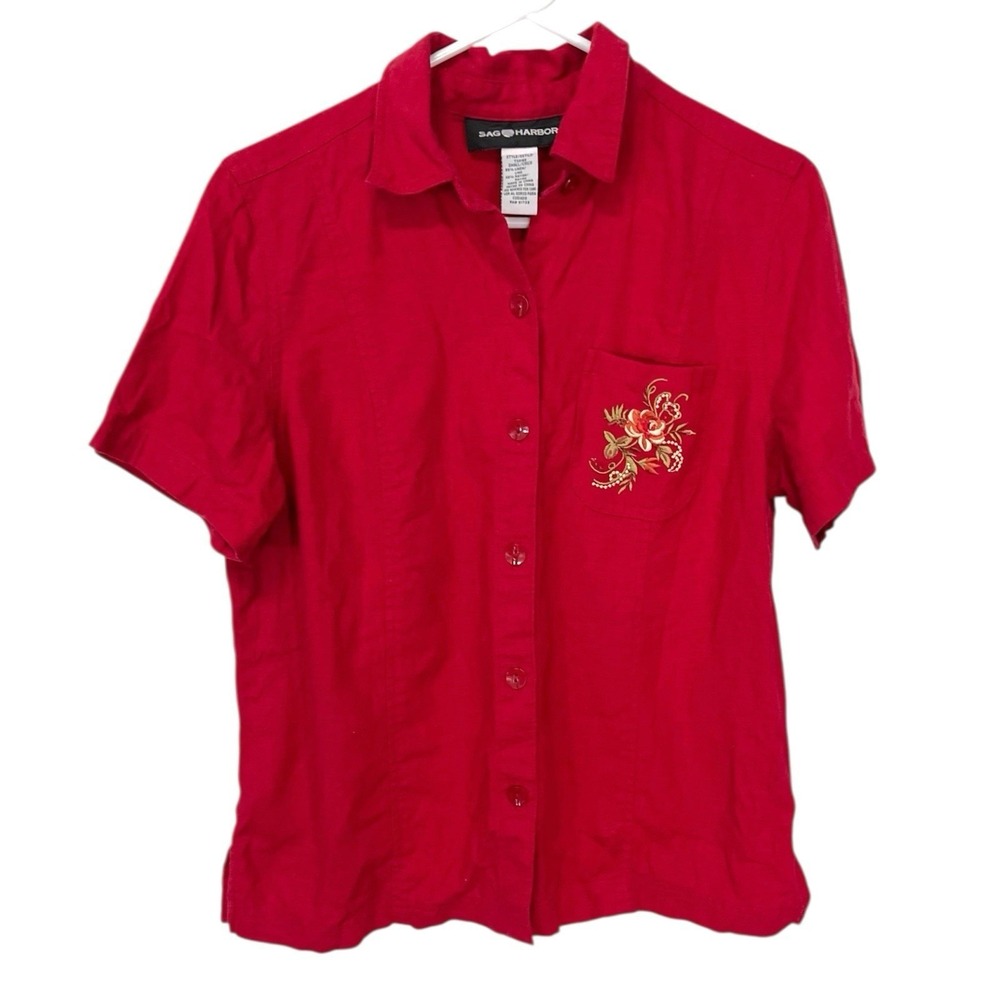 Sag Harbor Small Red Button Shirt Floral Embroidered Linen Blend Cottagecore